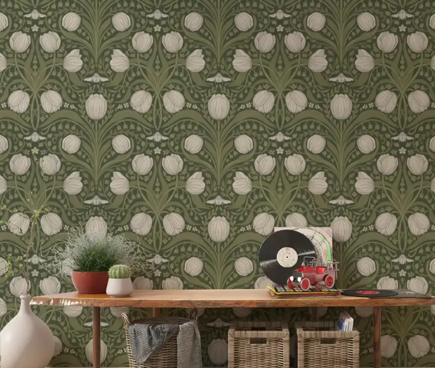 Retro Nouveau Tulips in Orange and Teal Wallpaper