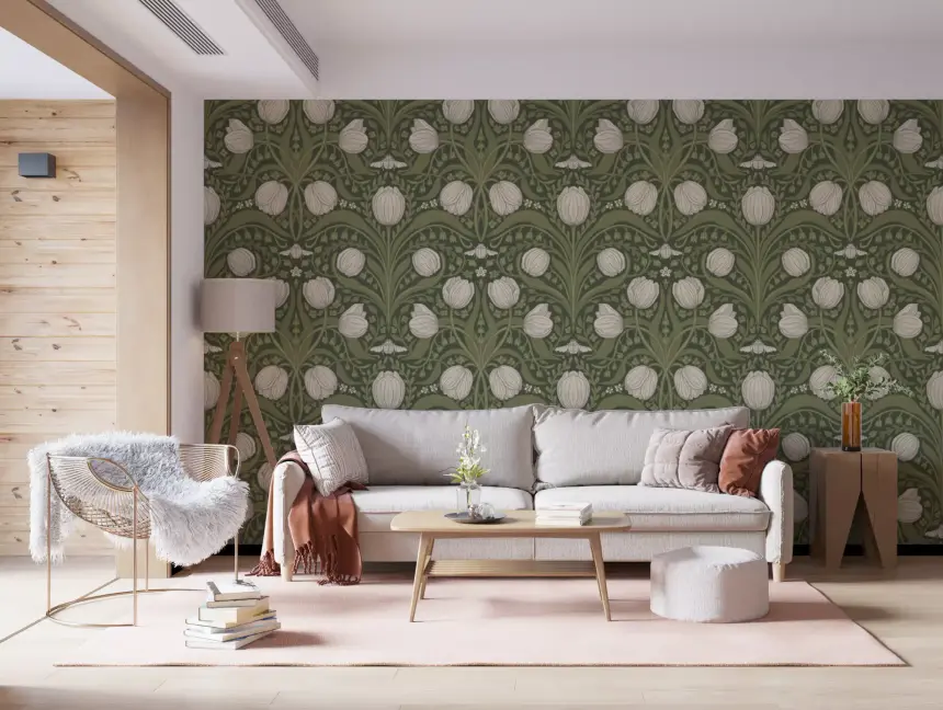 Retro Nouveau Tulips in Orange and Teal Wallpaper