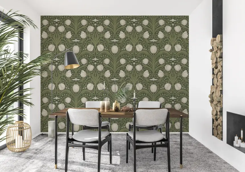 Retro Nouveau Tulips in Orange and Teal Wallpaper