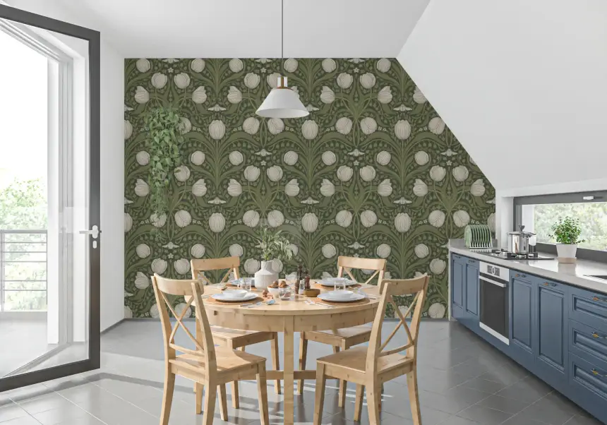 Retro Nouveau Tulips in Orange and Teal Wallpaper