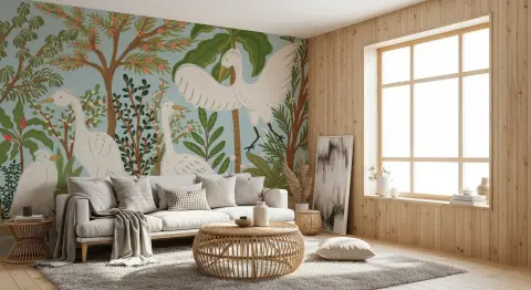 Egrets in Tropical Riverine Landscape Wall Mural