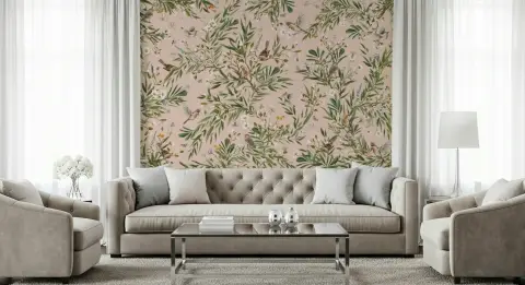 Blush Pink Botanical Garden Birds Wallpaper