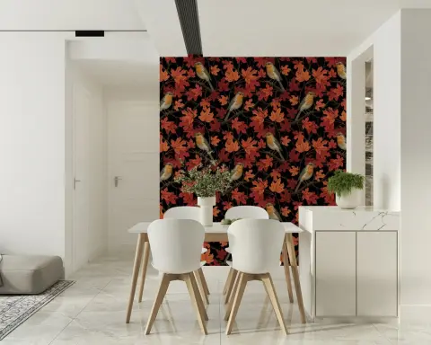 Autumnal Robins and Maple Foliage Wallpaper