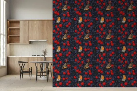 Vintage Robins and Red Apples Pattern Wallpaper