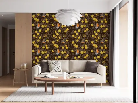 Robins and Golden Apples Botanical Wallpaper