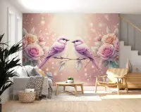 Dreamy Songbirds and Blush Roses Wall Mural