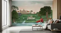 Mughal Art Serene Palace Garden Lady And Swans Wallpaper Mural
