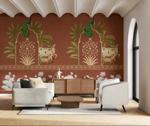 Pichwai Heritage Peacock and Cow Wall Mural