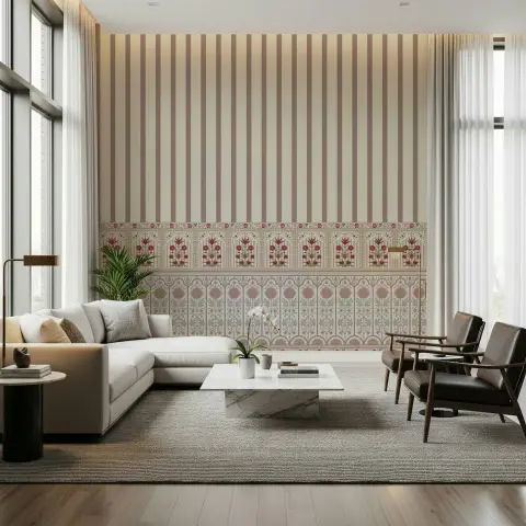 Classic Striped Wallpaper with Floral Dado Border