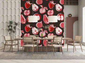 Vibrant Red Fruit Sketch Pattern Wall Mural