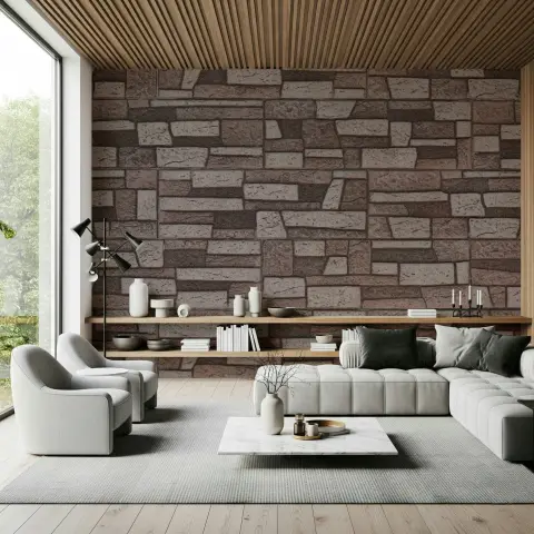 Rough Hewn Grey Brown Stone Wall Effect Wallpaper Mural