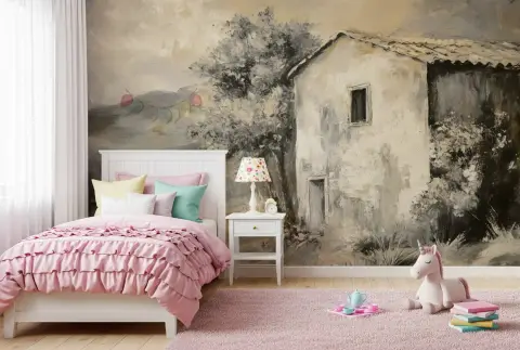 Rustic Farmhouse Landscape Painterly Wall Mural