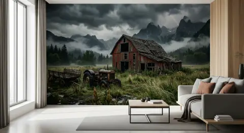 Dramatic Rustic Barn and Mountain Storm Mural
