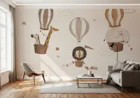 Gentle Beige Safari Animals Hot Air Balloon Nursery Mural