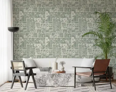 Sage Green Botanical Grid Wallpaper