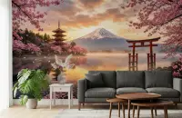 Golden Hour Mount Fuji Sakura Lake Wall Mural