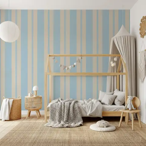 Pastel Blue Beige Scalloped Stripe Wallpaper