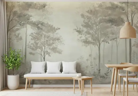 Misty Woodland Trees Wall Mural