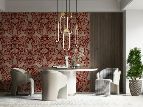 Scarlet Rabbit and Floral Motif Wallpaper