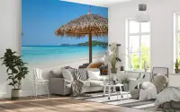White Sand Turquoise Water Straw Umbrella Beach Wallpaper