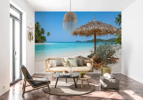 White Sand Turquoise Water Straw Umbrella Beach Wallpaper