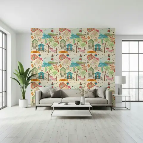 Whimsical Beach Huts and Palm Trees Wallpaper