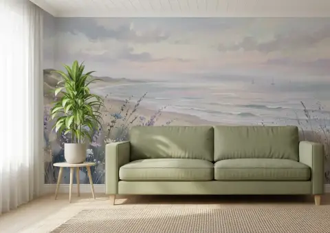Pastel Coastal Landscape Wall Mural with Dune Flowers