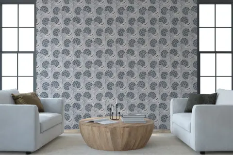 Serene Grey and Blue Floral Pattern Wallpaper