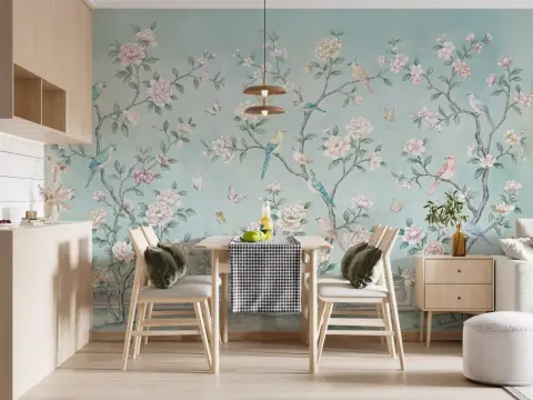Whimsical Chinoiserie Floral Bird Wall Mural