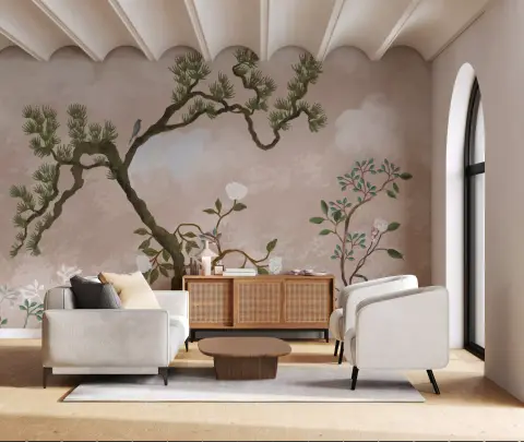 Serene Chinoiserie Garden with Bird Wall Mural