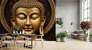 Golden Meditating Buddha Head Wall Mural