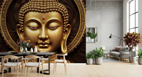 Golden Meditating Buddha Head Wall Mural