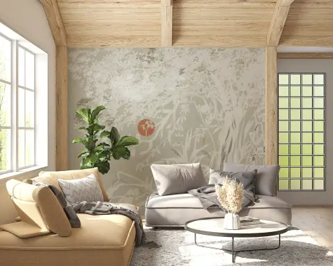 Tranquil Asian Botanical Wall Mural with Red Sun