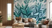 Teal and Blue Botanical Leaf Pattern Wall Mural