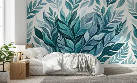 Teal and Blue Botanical Leaf Pattern Wall Mural