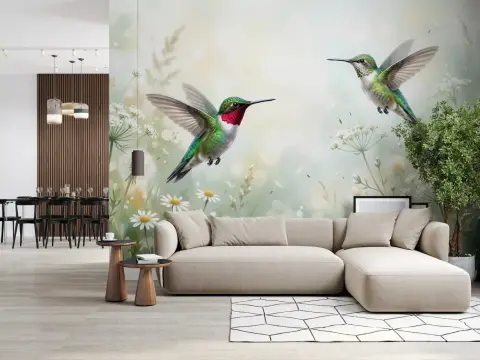Emerald Hummingbirds and Daisy Meadow Wallpaper Mural