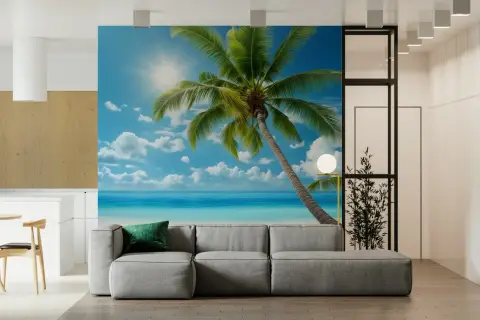 Sunny Tropical Palm Tree Beach Wall Mural