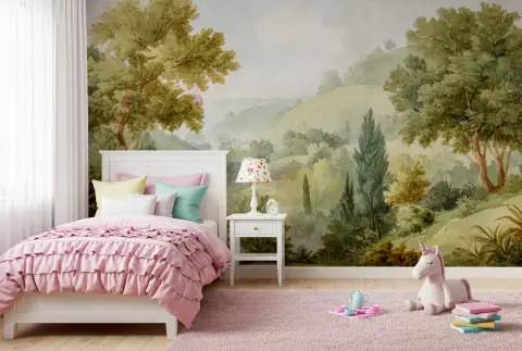 Painterly Verdant Hillside Scenic Wallpaper