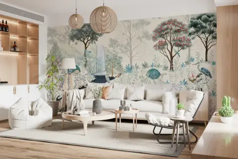 Whimsical Woodland Stream Animals Wall Mural