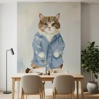 Whimsical Cat in Blue Jacket Oil Painting Wall Mural