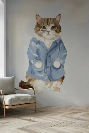 Whimsical Cat in Blue Jacket Oil Painting Wall Mural
