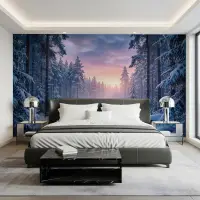 Snowy Pine Forest Pastel Sky Wall Mural