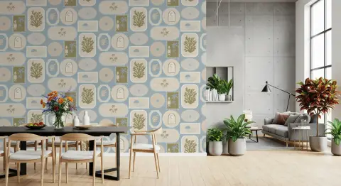 Tropical Coastal Motif Wallpaper with Vintage Stamps