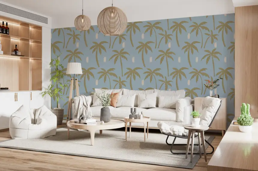 Soft Blue Palm Tree Wallpaper Boho Coastal Wallpaper