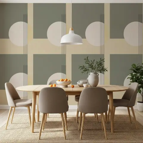 Sage Green Beige Geometric Intersecting Circles Lines Wallpaper Mural