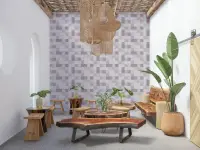 Geometric Mosaic Pattern Wallpaper in Soft Grey and Blush
