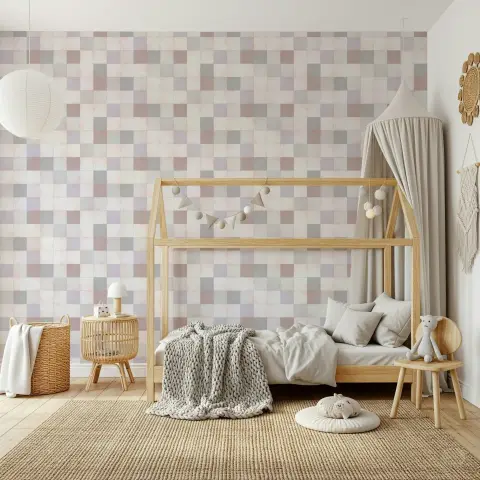 Geometric Mosaic Pattern Wallpaper in Soft Grey and Blush