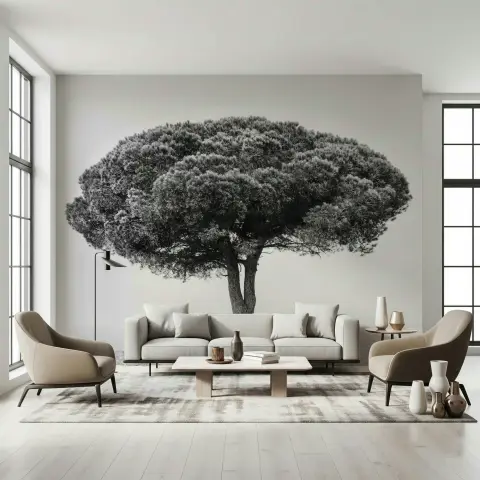 Serene Monochrome Tree Wall Mural for Modern Interiors