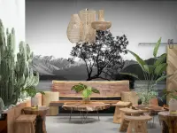 Monochrome Solitary Tree Lake Landscape Mural