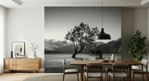 Monochrome Solitary Tree Lake Landscape Mural